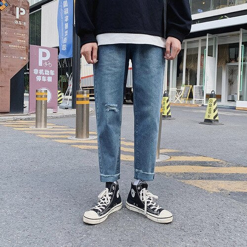 Voguable  Summer Slim Fit Jeans for Mens Streetwear Korean Designer Regular Distressed Denim Slim Homme Pants Hip Hop Hole Jeans Trousers voguable
