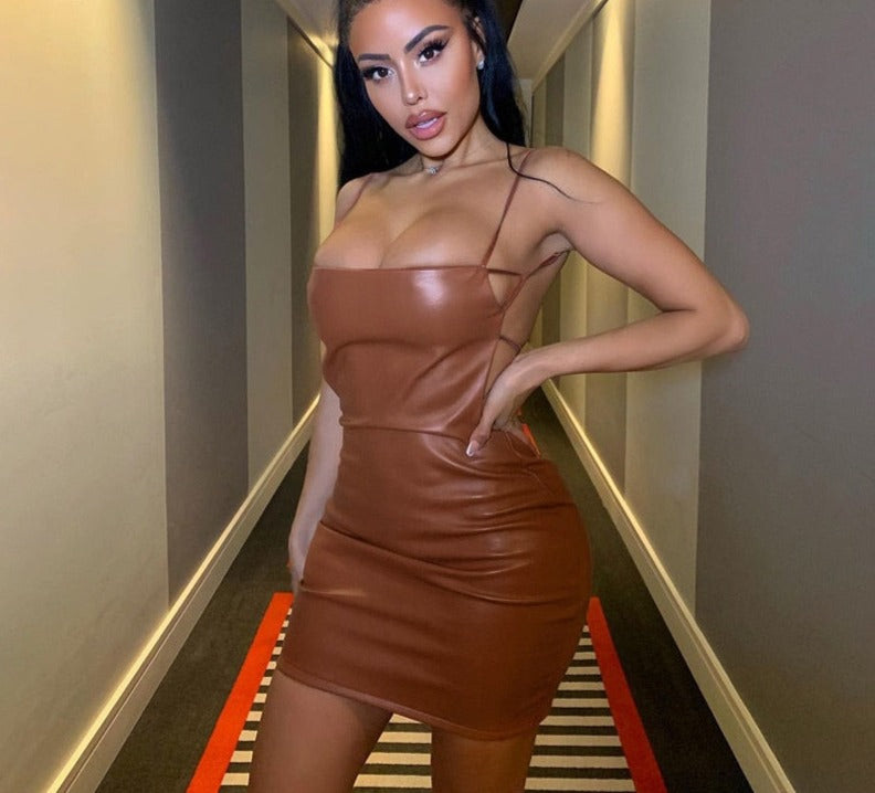 Voguable 2022 Sleeveless Solid Slash Neck Pu Leather Backless Sexy Mini Dress Autumn Winter Women Fashion Party Club Clothings voguable