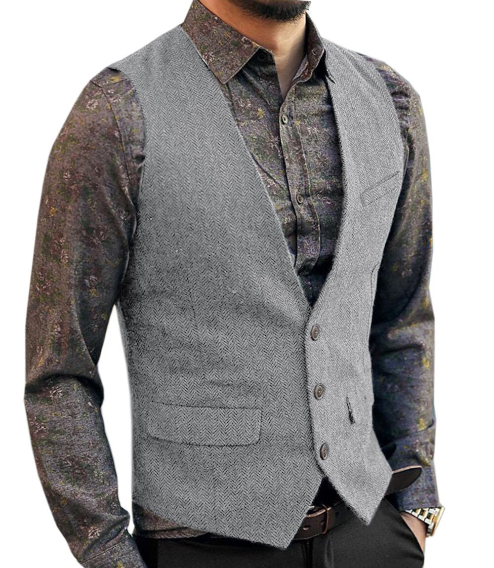 Voguable Men's Vest Suit Boutique Wool Tweed Slim Fit Leisure Cotton Male Gentleman Beckham Business Waistcoat For Wedding Groomsmen voguable