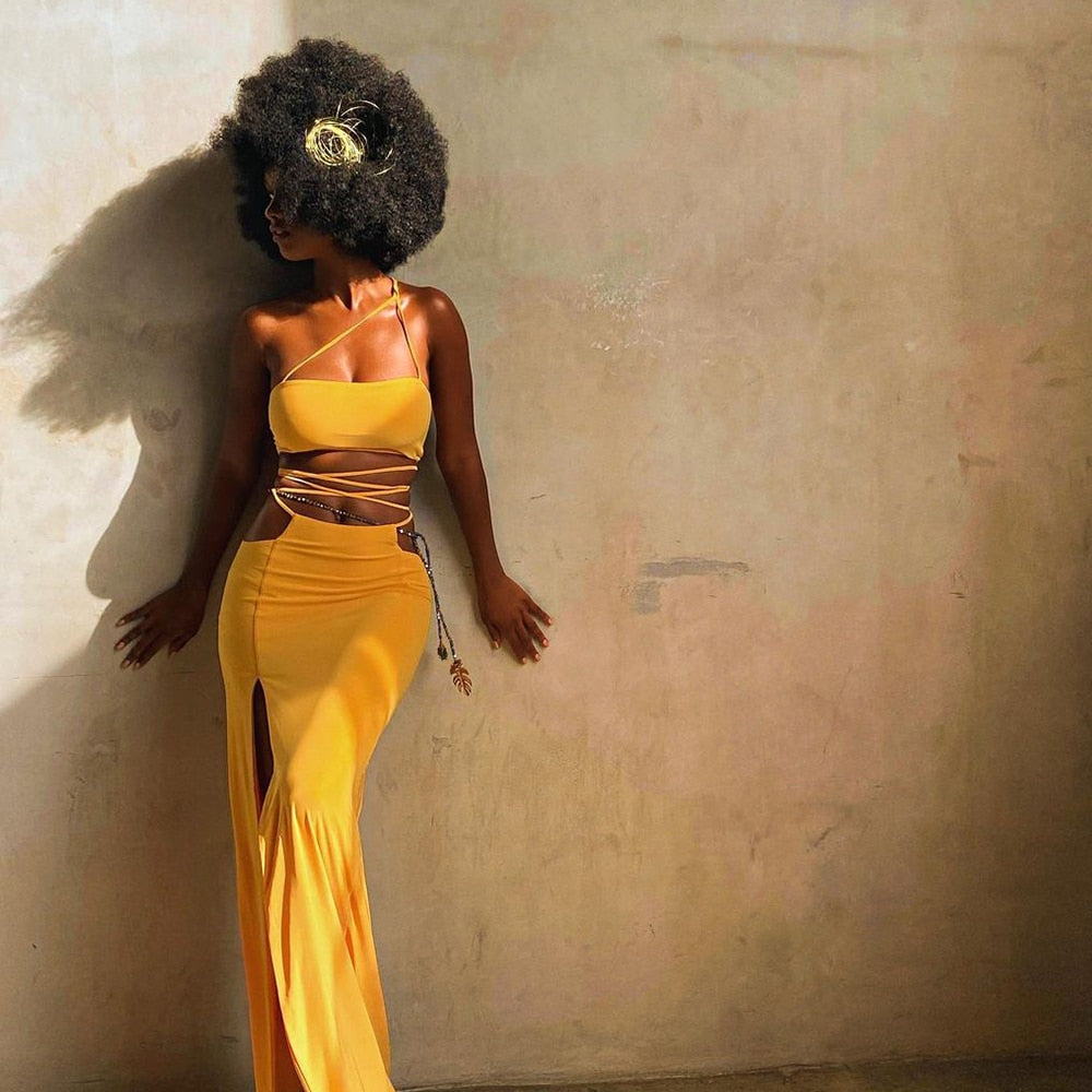 Strapless Crop Top and Long Dress Two Piece Set Yellow Women Summer Outfits Slit Party Club Vacation Beach Maxi Dress voguable