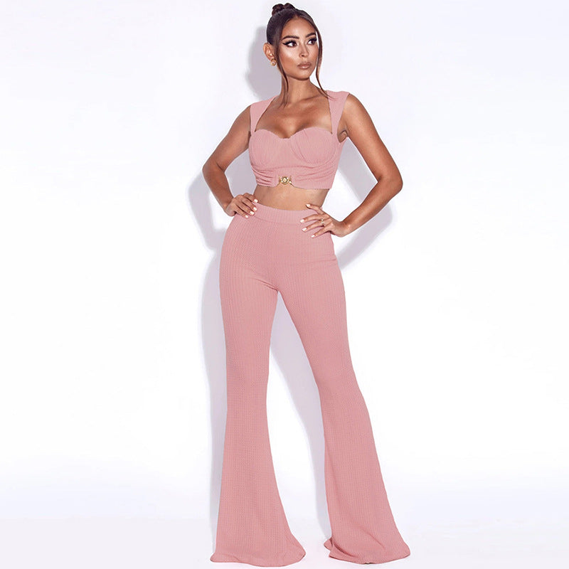 Voguable  2 Piece Set Women Fall Casual Street Loose Stretch Solid OutfitBrand Celebrity Elegant White Knit Camisole and Flared Trouser voguable