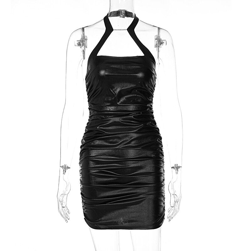 Voguable Pu Leather Solid Halter Sleeveless Masonry Draped Backless Mini Dress 2022 Spring Slim Elegant Street Party Outfits Y2K voguable