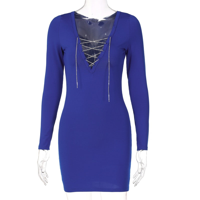 Voguable  Diamond Bandage Pure Color V Neck Skinny Mini Dress 2022 Spring Bodycon Fashion Party Streetwear Concise Y2K voguable