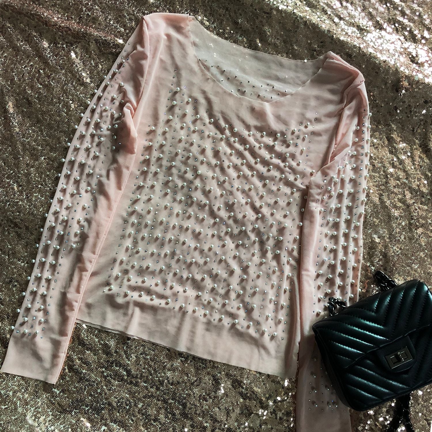 Voguable  Women Transparent O-Neck Long Sleeve Sexy Lace Mesh Shirt Club Party Tops Ladies 2020 Spring Pearl Beading Blouse Blusas voguable