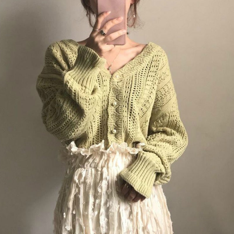 Voguable  Cropped Cardigan Women Spring Chic Hollow Out Elegant V-Neck Korean Vintage Femme Jumper White Sweet Girls Pearls Lady Knitwear voguable