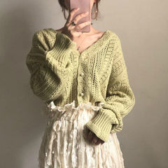 Voguable  Cropped Cardigan Women Spring Chic Hollow Out Elegant V-Neck Korean Vintage Femme Jumper White Sweet Girls Pearls Lady Knitwear voguable
