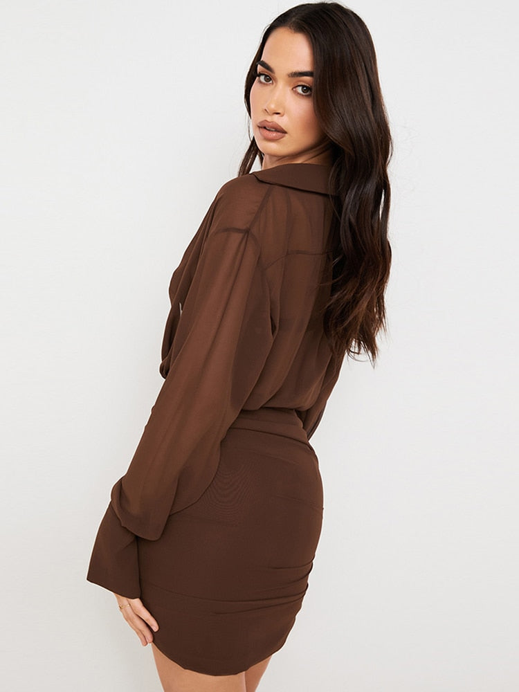 Bra and Dress 2 Piece Set Coffee Chiffon Summer Long Sleeve Open Chest Ruched Vacation Wear Sexy Shirt Dress voguable