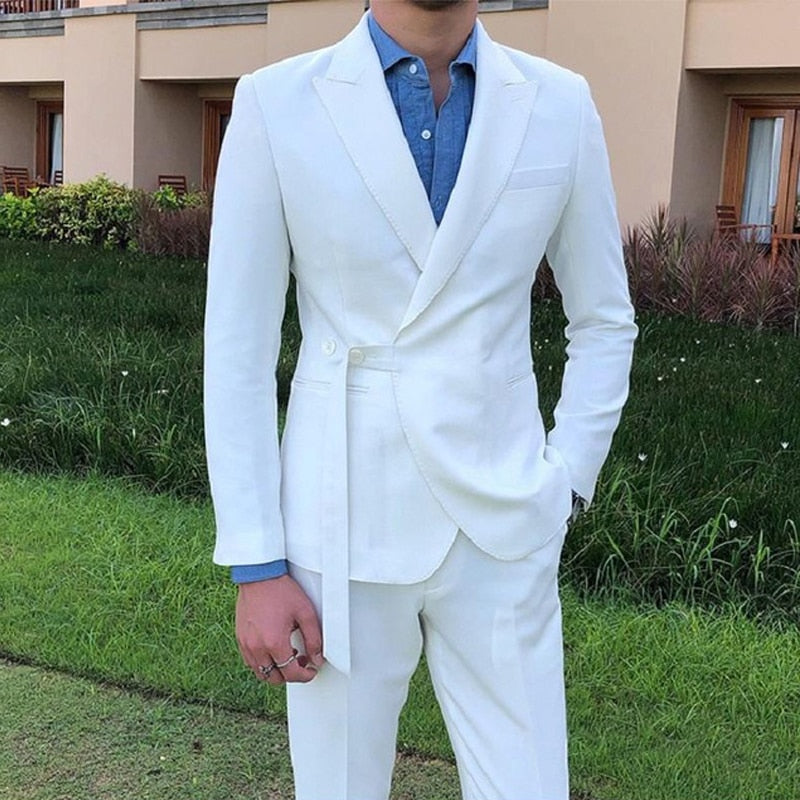 Voguable New Style Men Suits White Groom Tuxedos Peak Lapel Groomsmen Wedding Best Man 2 Pieces ( Jacket + Pants + Tie ) D73 voguable