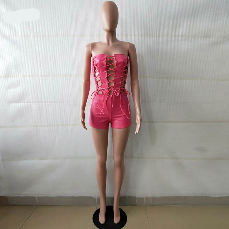Voguable Sexy PU Leather Lace Up Strapless Bodycon Playsuits Women Summer Streetwear Night Party Club Tube Jumpsuit Pink Black Romper voguable