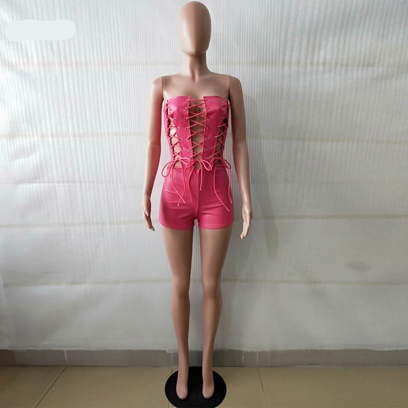 Voguable Sexy PU Leather Lace Up Strapless Bodycon Playsuits Women Summer Streetwear Night Party Club Tube Jumpsuit Pink Black Romper voguable