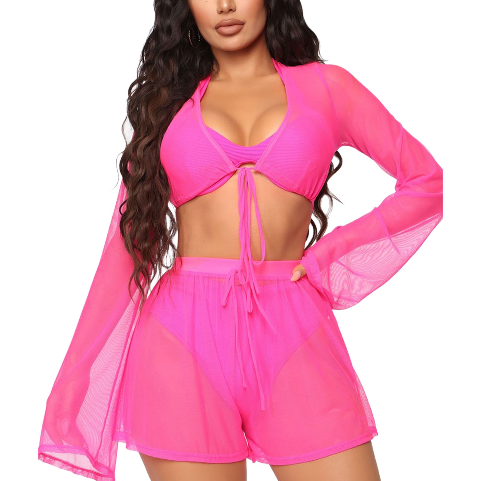 Voguable  2pcs Women Long Sleeve Cover-ups Sets Bikini Cover Up Summer Ladies Sexy Top + Swim Shorts Beach Ladies Swimsuits Bathing Suit voguable