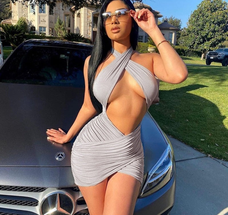 Voguable   Halter Hollow Out Sexy Mini Dress Summer Women Fashion Streetwear Outfits Solid Club Y2K Clothing voguable