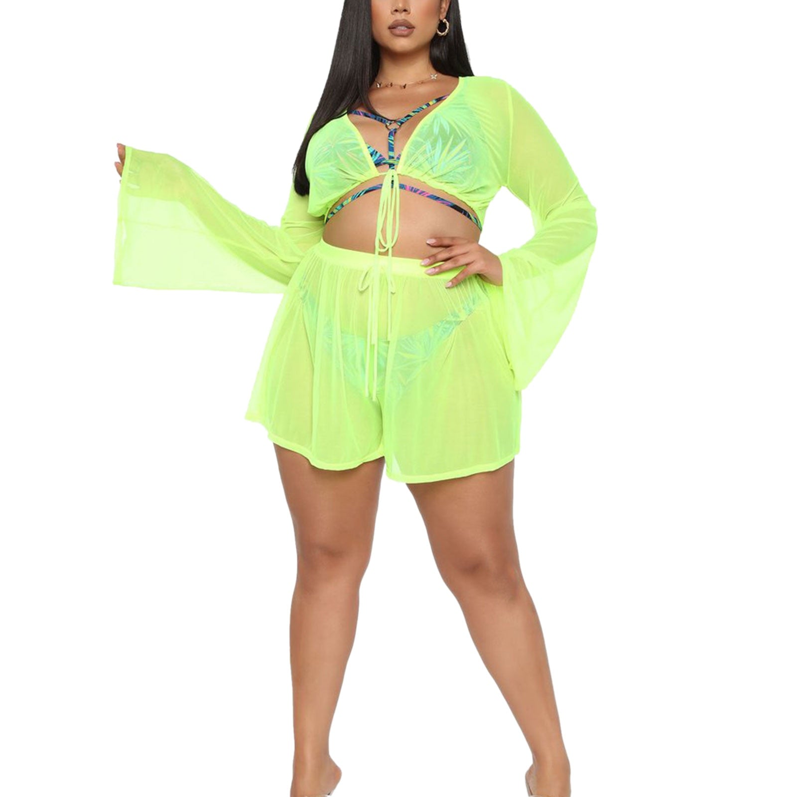 Voguable  2pcs Women Long Sleeve Cover-ups Sets Bikini Cover Up Summer Ladies Sexy Top + Swim Shorts Beach Ladies Swimsuits Bathing Suit voguable