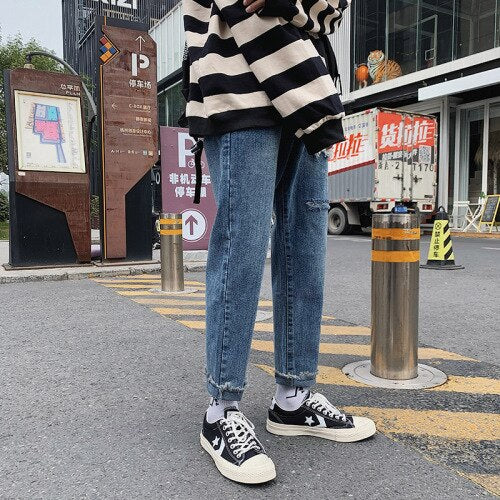 Voguable  Summer Slim Fit Jeans for Mens Streetwear Korean Designer Regular Distressed Denim Slim Homme Pants Hip Hop Hole Jeans Trousers voguable
