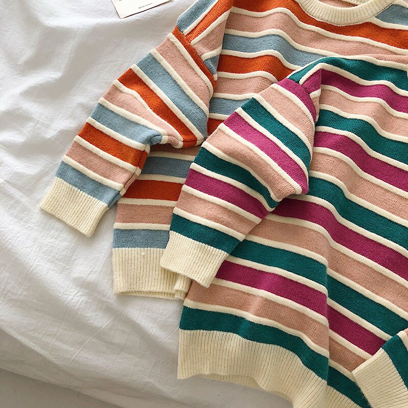 Voguable New Women Stripe Sweater Autumn Winter Loose Long Sleeve Pullover Tops Korean Ladies Knitted Patchwork Korean Sweaters voguable