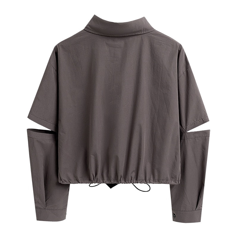 Voguable  Fashion Punk Style Women Shirt Gothic Harajuku Dark Tie And Chain Long Sleeve Split Goth Design Streetwear Blouse Girl Crop Top voguable