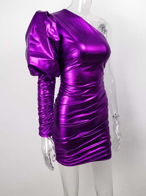 Women Sexy One Shoulder Puff Sleeve Mini Dress Fashion Metallic Ruched Chic Outfit Club Wear Celebrity Party Dress voguable