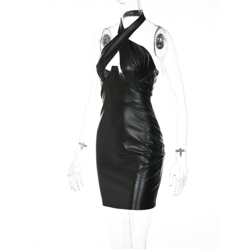 Voguable  Pu Leather Faux Halter Hollow Out Slip Sleeveless Mini Dress Solid 2022 Fall Bodycon Evening Party Elegant Vestidos voguable