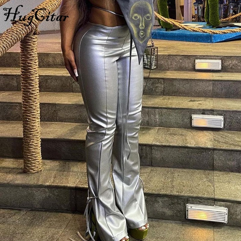 Voguable High Waist Solid Pu Leather Bandage Cut Out Pants Autumn Winter Women Fashion Streetwear Casual Flares Trousers voguable