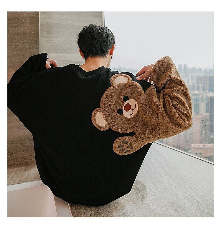 Voguable Plus Velvet Thick Autumn And Winter Round Neck Long-Sleeved Lamb Hair Embroidery Flocking Comic Bear Loose Lazy Style Sweatshirt voguable