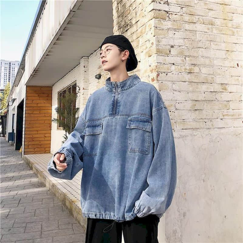 Washed Cargo denim shirt men's Hong Kong style stand-up collar jacket Korean spring autumn trend Techwear tops punk streetwear voguable
