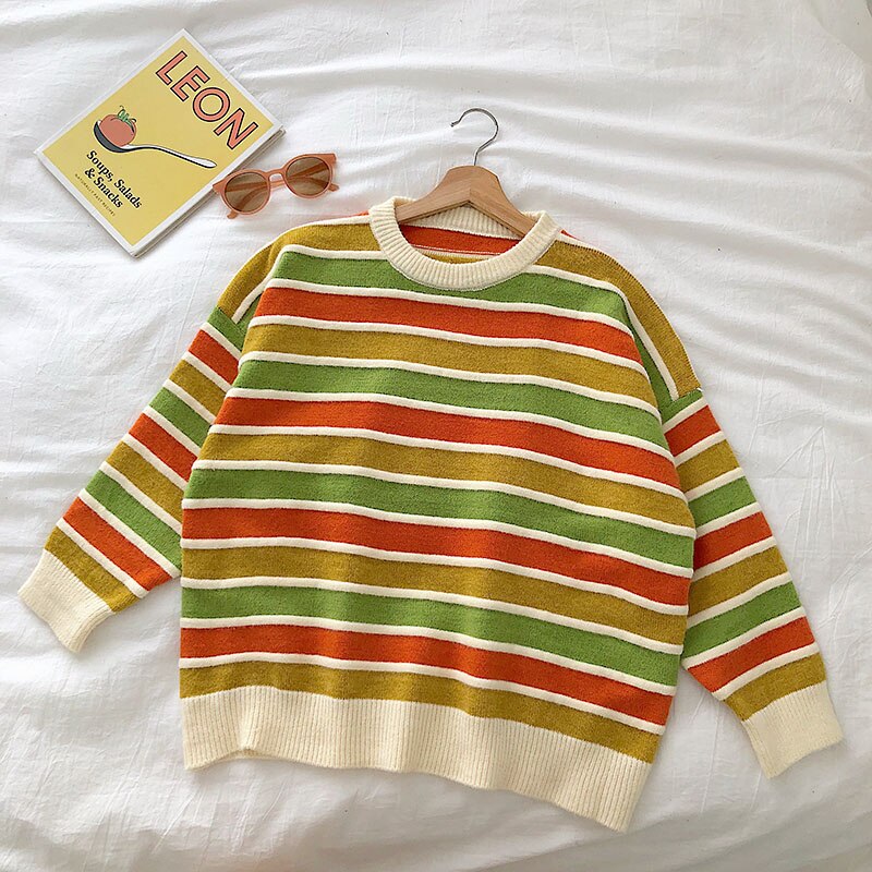 Voguable New Women Stripe Sweater Autumn Winter Loose Long Sleeve Pullover Tops Korean Ladies Knitted Patchwork Korean Sweaters voguable