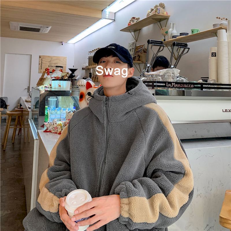Voguable Hong Kong style cotton coat jacket lamb plush men's winter Korean version of the loose trend cotton coat male youth cotton coat voguable