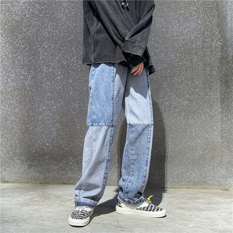 Voguable Korean Style Fashion Men's Denim Wide-leg Pants 2021 New Autumn Loose Straight-leg Jeans Paneled Denim Trousers Male voguable