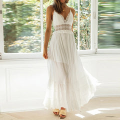 White Cotton Spaghetti Strap Maxi Dress Sexy Deep V-neck Backless Summer Women Beach Dress Casual Stitching Ruffle Dress voguable