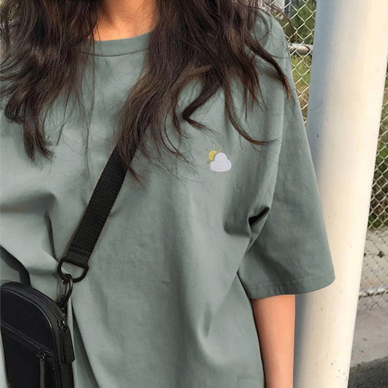 Voguable  BF Style Women T Shirt Short Sleeve O-neck Female Tops Tees Embroidery Solid Color Casual Loose Summer tshirt  New voguable