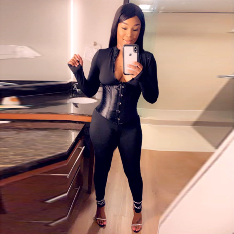 Voguable  2022 Long Sleeve Jumpsuit Bandage Corset 2 Pieces Set Autumn Winter Women Sexy  Zipper Suit Romper Y2K Streetwear voguable