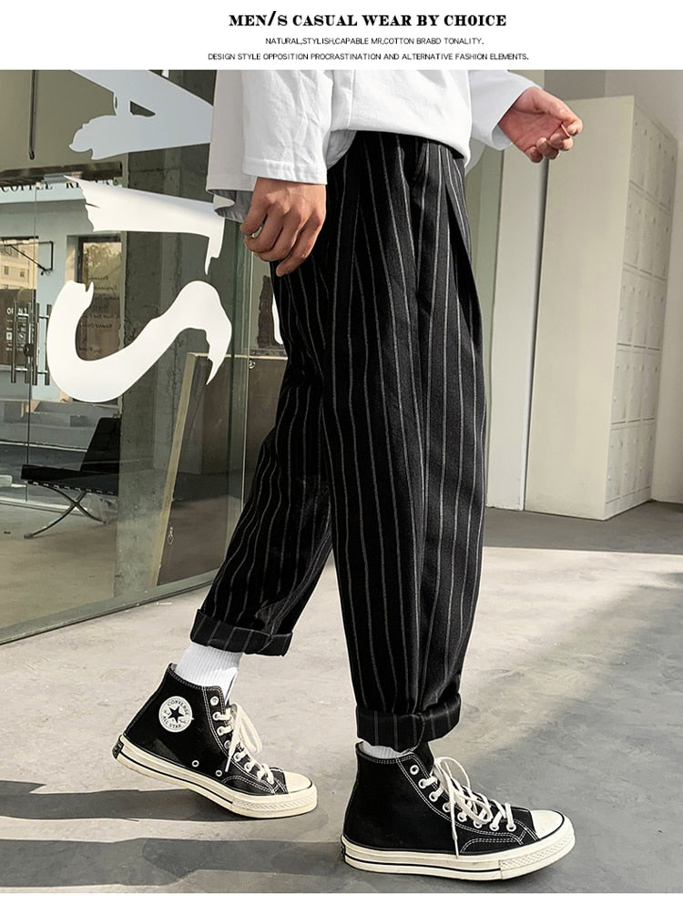 Voguable Korean Striped Harem Pants Men's 2021 Streetwear Man Casual Loose Japanese Men Black Gray Retro Plaid Harajuku Punk Pants voguable