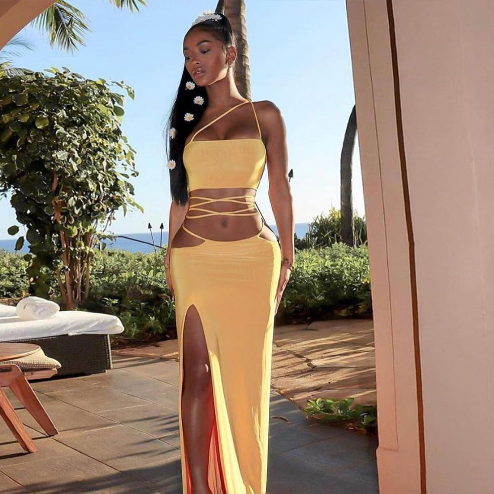 Strapless Crop Top and Long Dress Two Piece Set Yellow Women Summer Outfits Slit Party Club Vacation Beach Maxi Dress voguable