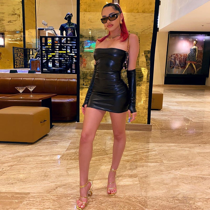 Voguable Pu Leather Long Sleeve Sexy Tube Mini Dress Autumn Winter Women Fashion Streetwear Club Outfits voguable