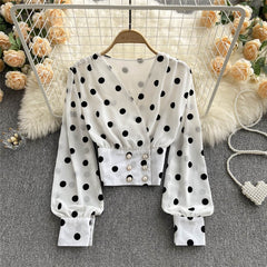 Voguable  Women Polka Dot Shirts Vintage Double Breasted Long Sleeve Slim Tops Spring Fashion Korean White Short Blouses 2022 voguable
