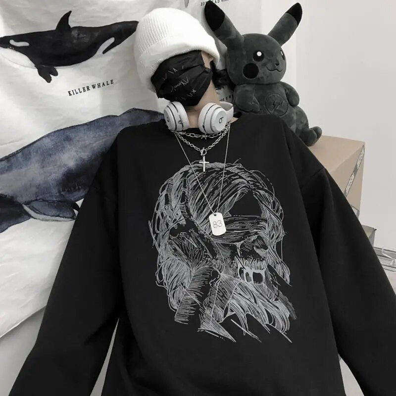 Voguable Retro dark printed sweatshirt for couples to wear loose black long sleeve top fashionable wide Songyuan night style album top voguable