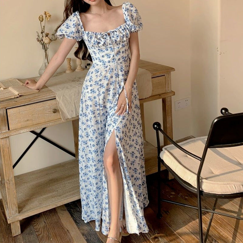 Voguable  2022 Dresses Women Side-slit French Style Print Leisure Puff Sleeve All-match Sexy Ladies Vestidos Vintage College Birthday Party New voguable