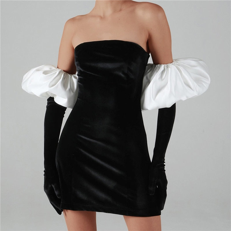 Voguable Solid Strapless Tube Off Shoulder Puff Sleeves Mini Dress Bodycon Sexy Party Elegant 2021 Fall Winter Festival voguable
