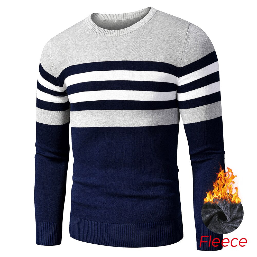 Voguable 4XL Men Autumn New Casual Striped Thick Fleece Cotton Sweater Pullovers Men Outfit Fashion Vintage O-Neck Coat Sweater Men voguable