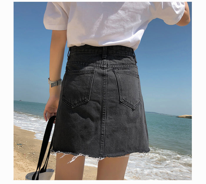 Gentillove Casual High Waist Pencil Denim Skirts Women 2021 Summer Black Blue Solid Pockets Button All-matched Jeans Skirt voguable