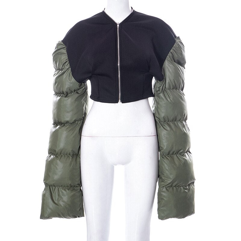 Voguable Patchwork Down Coat Puffer Jacket Coats Extra Long Sleves Women Christmas Bubble Cropped Outerwear Warm Clothing voguable