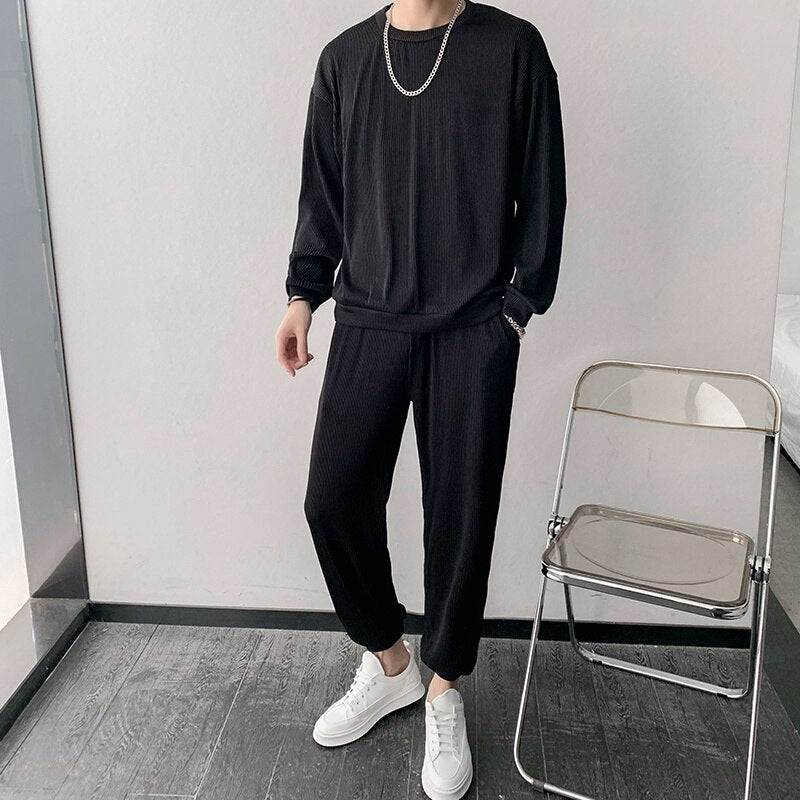 Black/Gray/Purple Pleated Sets Men Fashion Stretch Loose Long-sleeved T-shirt Trousers Two-piece Korean Loose Mens Ice Silk Sets voguable