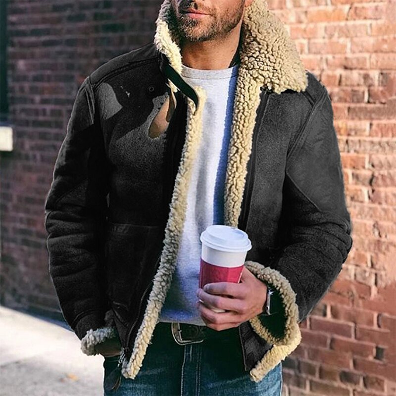 Voguable  Men Zip-up Overcoats 2022 Fashion Streetwear Vintage Woolen Turn-down Collar Coats Mens Winter Warm Long Sleeve Faux Fur Jackets voguable