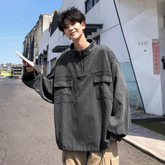 Washed Cargo denim shirt men's Hong Kong style stand-up collar jacket Korean spring autumn trend Techwear tops punk streetwear voguable