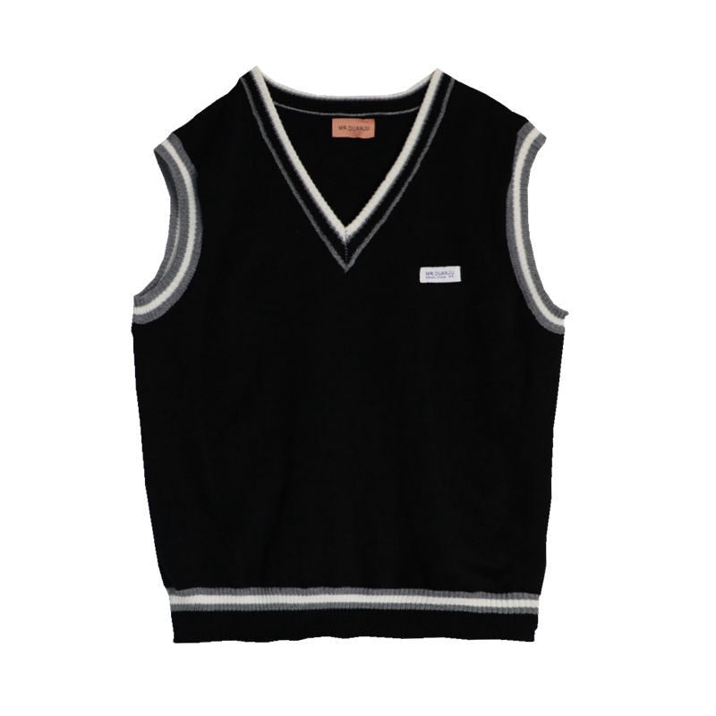 Voguable Sweater Vest Men V-neck Patchwork Leisure Loose All-match Streetwear Sleeveless Sweaters Mens Chic Korean Style Teens Couples BF voguable