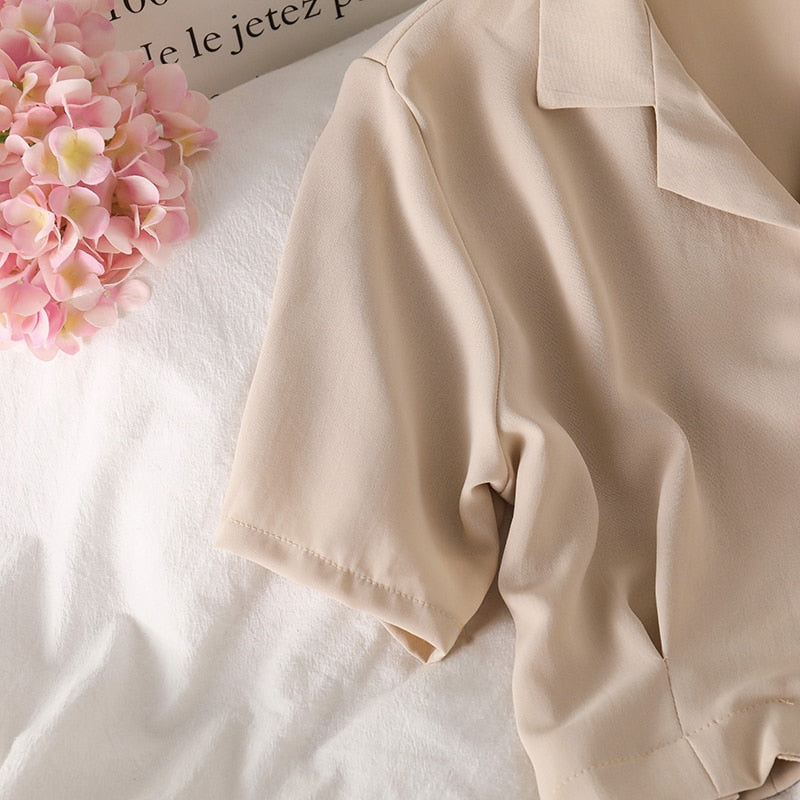 Voguable  Shirts Women Notched Crop Top Simple New Summer Ladies All-match Chic Elegant Ulzzang Harajuku Fashion Solid Chiffon Design Slim voguable