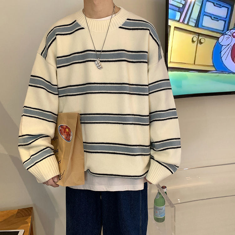 Voguable Striped Sweater Men Round Neck Winter Pullover Sweater Korean Fashion Harajuku Loose Wild Long Sleeve Sweater Oversize voguable