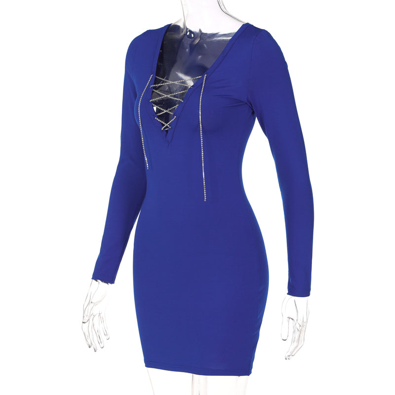 Voguable  Diamond Bandage Pure Color V Neck Skinny Mini Dress 2022 Spring Bodycon Fashion Party Streetwear Concise Y2K voguable