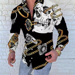 Voguable Men 2022 Spring New Skull Print Shirt Men Fashion Trend Personality Casual Rhinestones Slim Long Sleeve Dress Shirt Men voguable