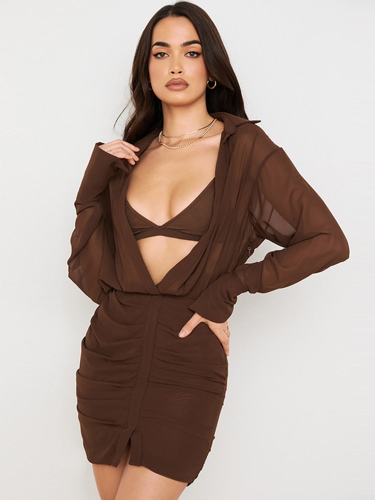 Bra and Dress 2 Piece Set Coffee Chiffon Summer Long Sleeve Open Chest Ruched Vacation Wear Sexy Shirt Dress voguable